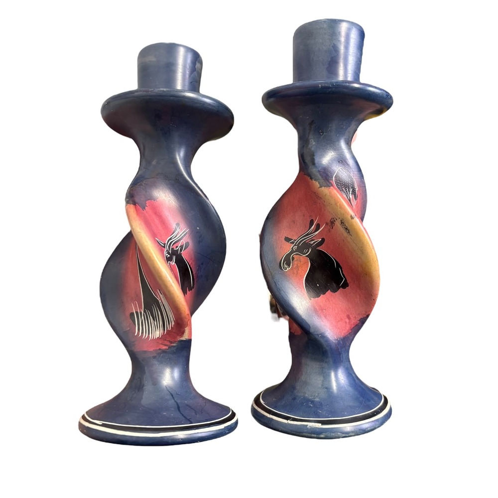 Vintage African Soapstone Candlestick Holders Hand Carved‎ Animal Design Blue